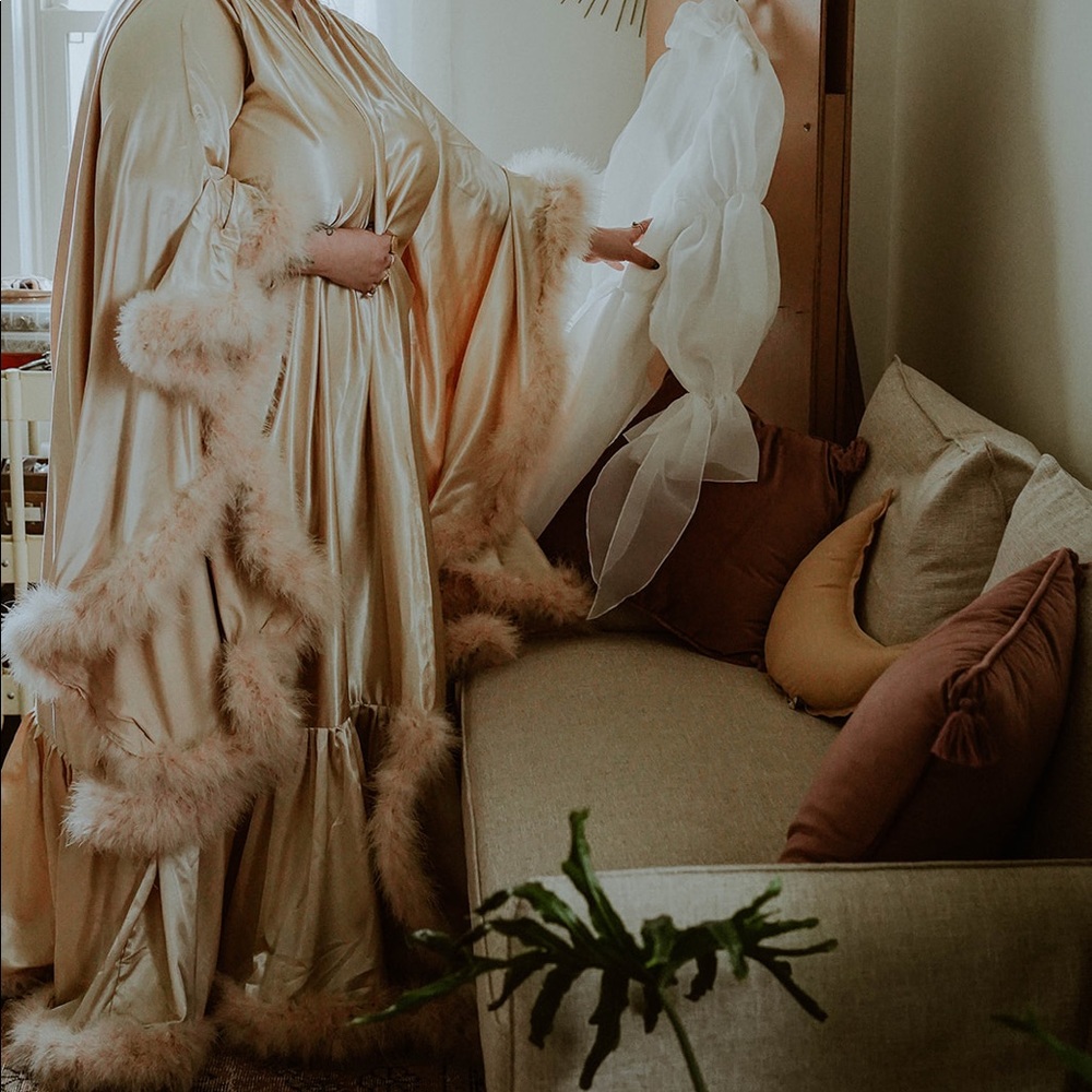 Plus Size Satin Feather Duster Robe with Belt